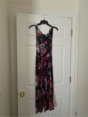 LOFT Black Maxi Jumpsuit with Red Floral Print
